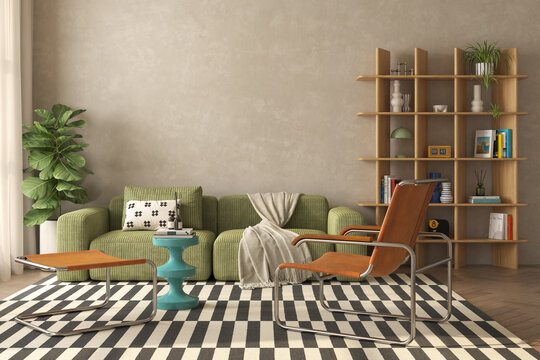 Mid century style conceptual dopamine interior room