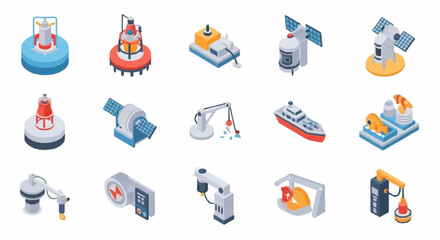 Collection of isometric industrial and marine equipment icons, including buoys, satellites, and robotic arms. © Nora