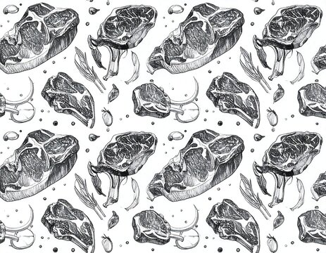 A black and white illustration of a repeating pattern featuring raw steaks and herbs
