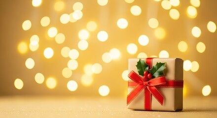 Obraz premium Beautiful warm golden bokeh lights create a magical soft glow background with shimmering circular patterns and a cozy festive holiday mood, blurry, effect, glow