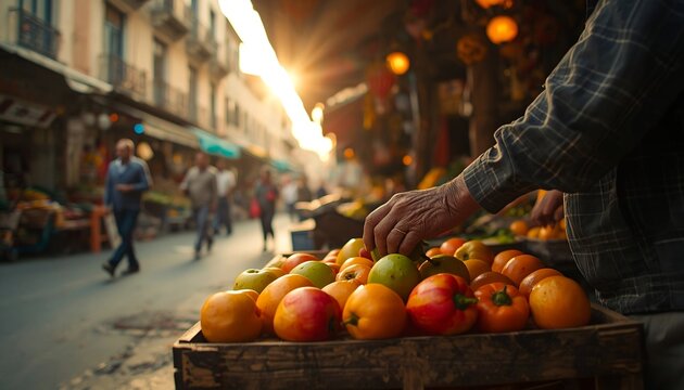 Vendor hand picking fresh ripe fruit at outdoor market at sunset with shopping agriculture nutrition business commerce customer selection seasonal vitamins lifestyle