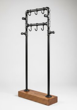 Elegante appendiabiti in stile industriale realizzato con tubi in metallo nero e una robusta base rettangolare in legno scuro naturale, decorazione, stendino, vestiti