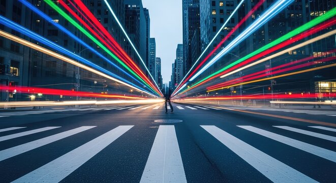 Rapid movement across a busy metropolitan intersection at rush hour creates vibrant streaks of color against white stripes of the pavement, daily, dynamic, busy