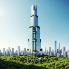 Fototapeta premium A futuristic cityscape features towering glass skyscrapers intertwined with vibrant vertical gardens and a dense lush forest at the base, plants, digital, organic