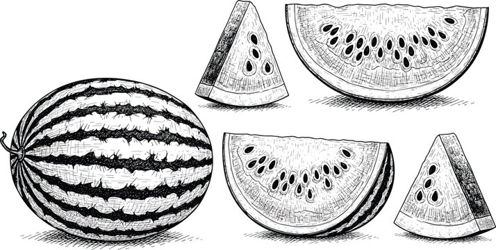 Detailed hand drawn vector illustration set of fresh whole watermelon and juicy sliced pieces isolated on transparent background