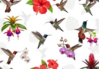 Fototapeta premium A high resolution seamless pattern featuring vibrant hummingbirds hovering near exotic tropical flowers on a clean and elegant background, seamless, spring, bloom