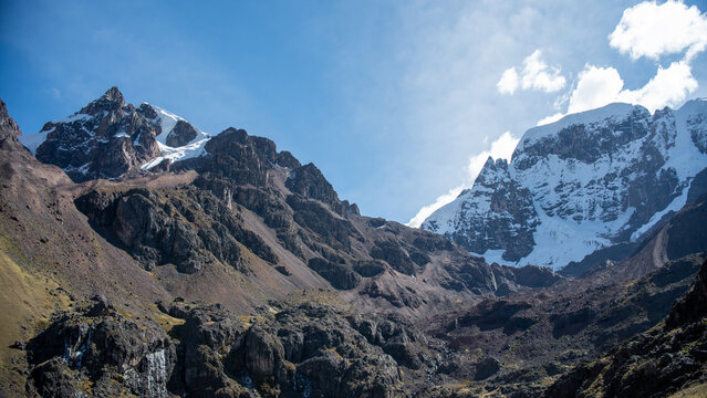 Snow-capped summits and glaciers of the Carabaya mountain range in the Peruvian Andes.