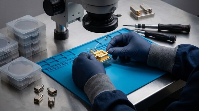 Physicist engineer assembling superconducting device on precision lab bench