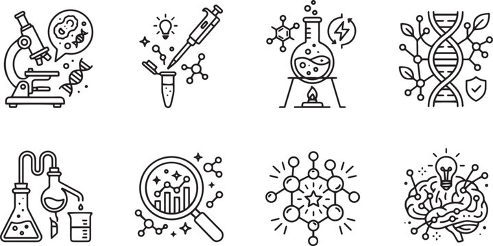 Modern Science and Biotechnology Research Icon Set - Minimalist Medical Laboratory Line Art, Genetic DNA Engineering, and Chemical Experiment Symbols