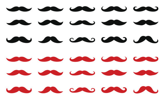 Collection of various black and red mustache icons isolated on white background for design and decoration purposes