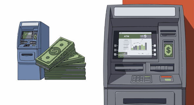 Two automated teller machines and a stack of dollar bills