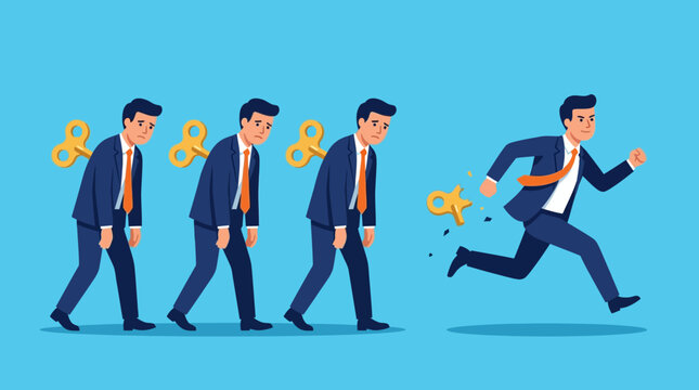 Breaking Free from Corporate Routine Businessman running away from a line of wind-up office workers on a blue background ideal for career coaching, motivation articles, and leadership presentations.