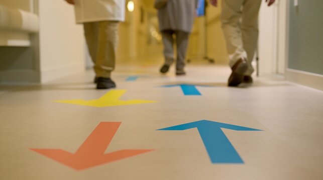 Focused medium shot on vibrant arrow symbols along a minimalist passageway highlighting the caregivers careful escort of a dementia patient in a quiet warmtoned environment.