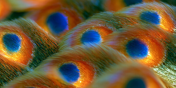Extreme macro close-up of vibrant orange and blue butterfly wing scales with geometric feather textures and iridescent glowing spots