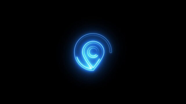 Neon blue map pointer icon animation glowing sign isolated on black background video loop.