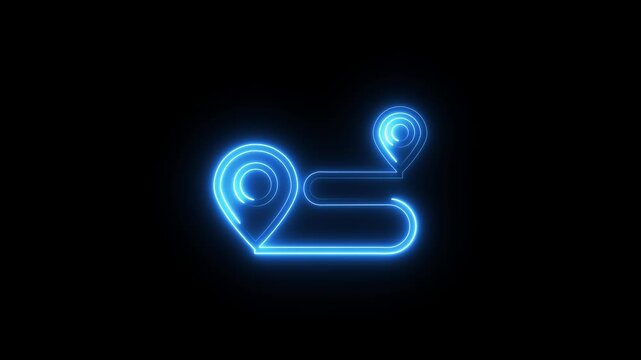 Neon blue location markers with connecting path line animation on dark black background.