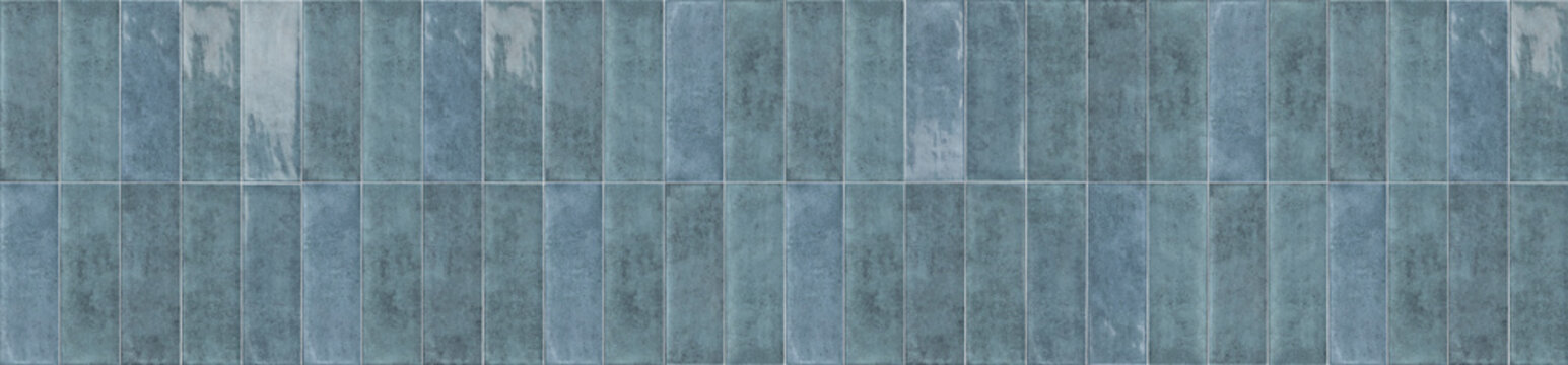 Seamless panoramic texture of elegant blue rectangular ceramic tiles arranged vertically for contemporary interior walls.