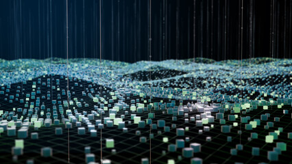 Obraz premium Abstract 3D digital data visualization layer with glowing blue and green voxel cubes on a grid landscape representing cloud computing server infrastructure and AI network architecture.