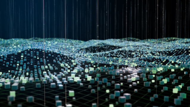 Abstract 3D digital data visualization layer with glowing blue and green voxel cubes on a grid landscape representing cloud computing server infrastructure and AI network architecture.