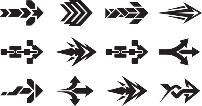Modern Geometric Arrow and Directional Motion Icon Set - Minimalist Tech Branding Symbols, Forward Progress Chevrons, and Clean Data Flow Graphics