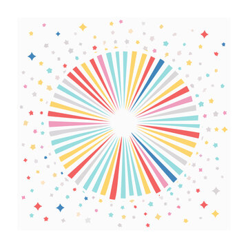 Colorful radial burst with stars and confetti on white