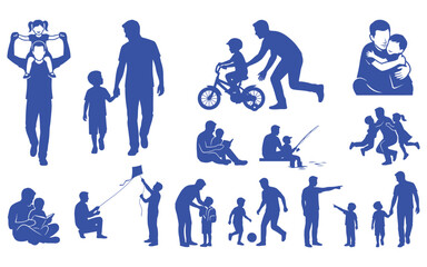 Fototapeta premium Collection of blue silhouette illustrations depicting various father and child interactions and activities together isolated on white background
