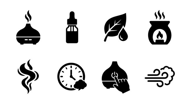 Aromatherapy Essential Oil Diffuser Icons, Wellness and Spa Vector Set, Home Fragrance and Air Freshener Symbols