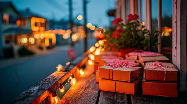 Festive gift boxes on wooden surface with warm string lights, presents