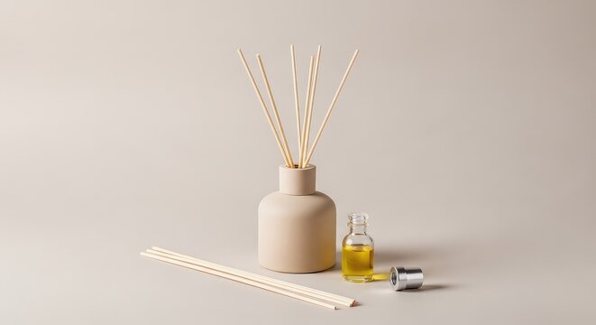 Minimalist beige ceramic reed diffuser with light wooden sticks on a neutral surface for aromatherapy, home decor, and a peaceful ambiance, serene, natural, indoor