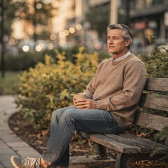 Obraz premium Thoughtful senior man sitting on a park bench holding a coffee mug at sunset