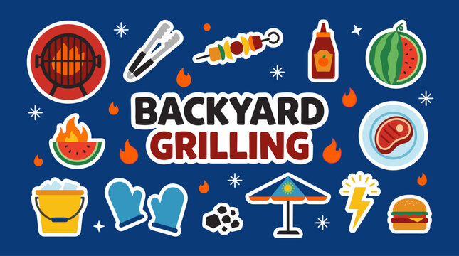 Backyard barbecue grilling stickers element set with hot charcoal grill meat steak burger skewers and summer picnic vector graphics