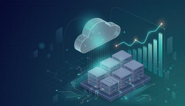 Cloud computing platform cost efficiency concept. Digital cloud computing with data storage and analytics concept illustration