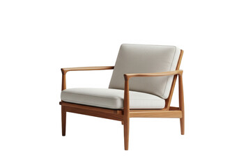 Fototapeta premium Modern light gray armchair with wooden frame in neutral setting