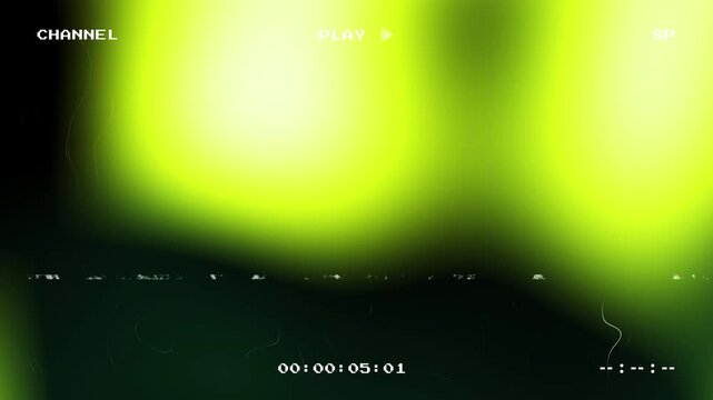 Retro VHS Glitch Background featuring Abstract Green and Yellow Fluid Motion with VCR On Screen Display Elements and Running Timecode for Analog Lo Fi Aesthetic Video Production