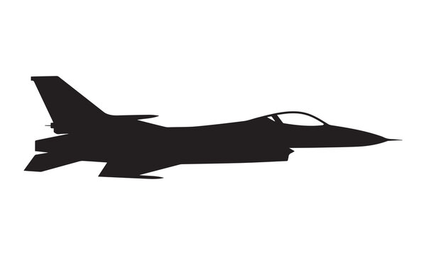 Black silhouette of a sleek military fighter jet in side profile isolated on white background.