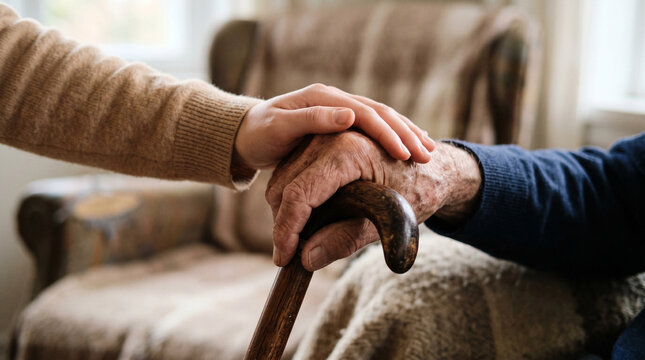 Support and care showing a young hand resting on an elderly hand.