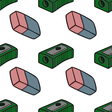 Seamless vector pattern of green pencil sharpeners and dual-color erasers on a white background