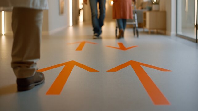Focused medium shot on vibrant arrow symbols along a minimalist passageway highlighting the caregivers careful escort of a dementia patient in a quiet warmtoned environment.