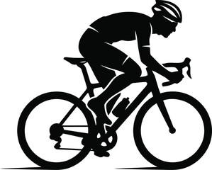 Fototapeta premium Professional road cyclist silhouette, male athlete riding racing bicycle vector, black and white sports cycling illustration for logo design