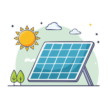Flat design illustration of solar panel with sun and trees