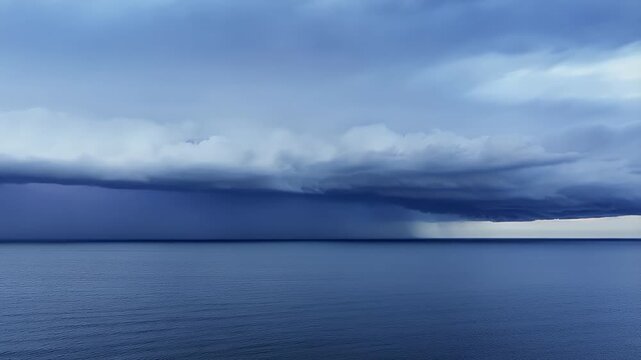 Dark storm clouds gather over a calm blue ocean horizon with heavy rain falling in the distance under an ominous sky.