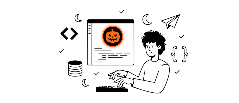 Programmer coding Halloween software development on computer with pumpkin icon illustration. Line art vector representation of male developer working late at night on autumn coding project and icons.