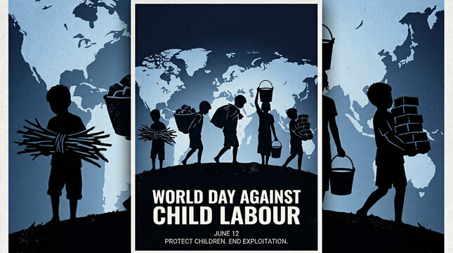 A stark visual campaign poster illustrating silhouettes of children engaged in various forms of manual labor against a blue global map backdrop to commemorate the World Day Against Child Labour