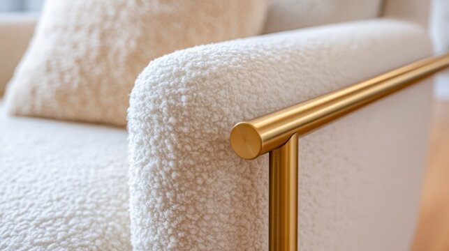 Cinematic macro of a matte brass hardware joint on a soft cream boucle sofa, tactile curly wool texture, blurred luxury living room background, warm sunset