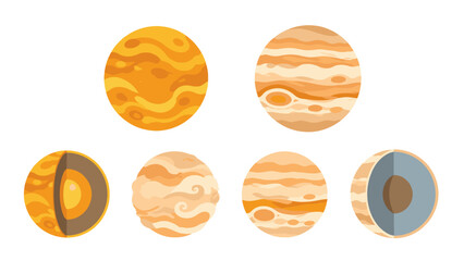 Set of stylized gas giant planets with layered cross sections © Alan