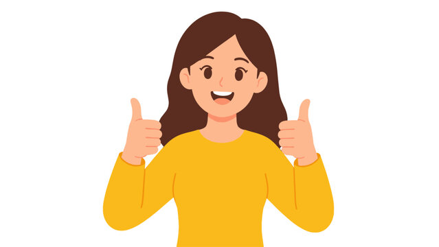 Smiling woman giving two thumbs up flat vector illustration