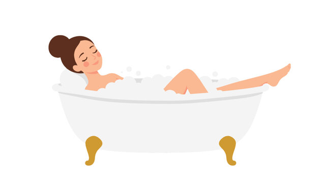 Woman relaxing in a bubble bath in a white bathtub