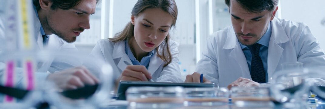 Medium shot of cosmetology researchers testing foundation consistency in petri dishes recording data on a tablet framed by outoffocus safety goggles and pH strips set in a bright