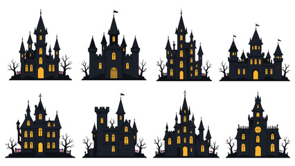 Set of dark haunted castle silhouettes with glowing windows © Alan