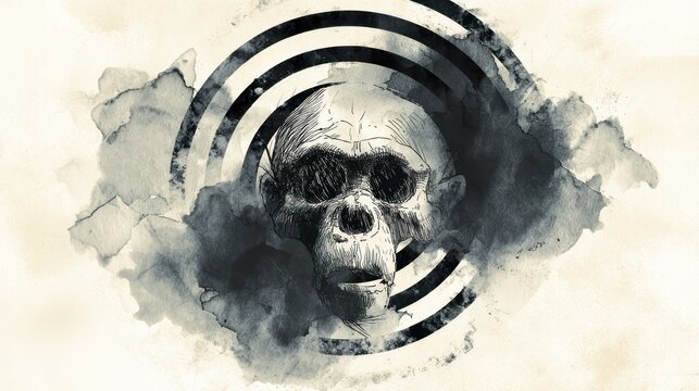 Artistic depiction of a monkey skull within a smoky circular design